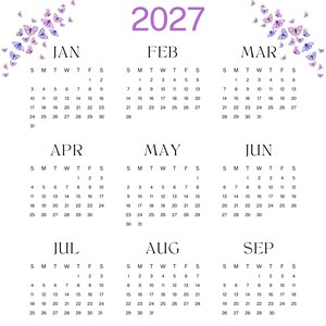 May include: 2027 calendar with a white background. Each month is displayed with dates and days of the week in black text. Purple butterflies decorate the top corners of each month.