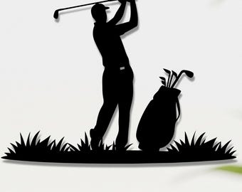 May include: Black metal silhouette of a golfer in mid-swing, with a golf bag and clubs to the side. The design includes a grass-like base, creating a sporty, outdoor theme. The image is set against a white background.