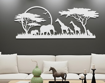 African Safari Metal Wall Art,Savanna Landscape Decor, Large Black Metal Sculpture for Living Room & Above Bed,Wildlife Nature Decor
