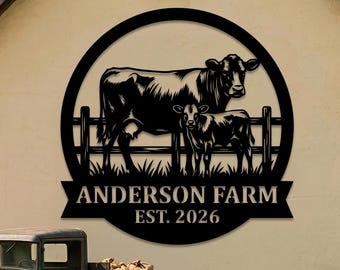 Custom Cow Calf Metal Sign, Personalized Ranch Name Farm Decor, Laser Cut Cattle Barn Sign, Farmhouse Wall Art
