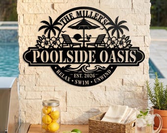 Custom Poolside Oasis Metal Wall Art, Personalized Backyard Pool Sign, Tropical Palm Tree Patio Decor, Outdoor Family Name Metal Sign