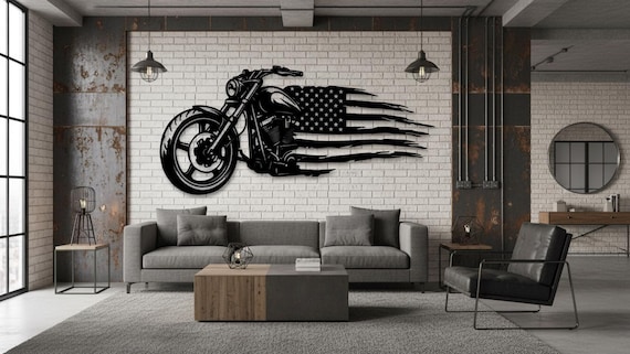 Motorcycle Metal Wall Art, Biker Man Cave Decor, American Flag Chopper Wall Art, Garage & Bar Wall Decor, Gift for Motorcycle Lovers