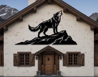 Decoración de pared de metal con silueta de lobo aullando / Gran decoración natural para exteriores / Letrero de cabaña de metal, arte de pared rústico para cabaña o albergue