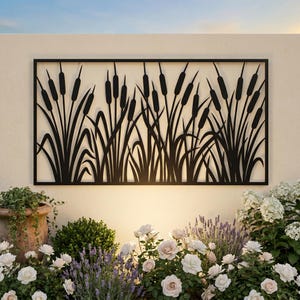 Cattails Metal Wall Panel, Rustic Garden Fence Insert, Large Outdoor Privacy Screen, Nature Metal Wall Art