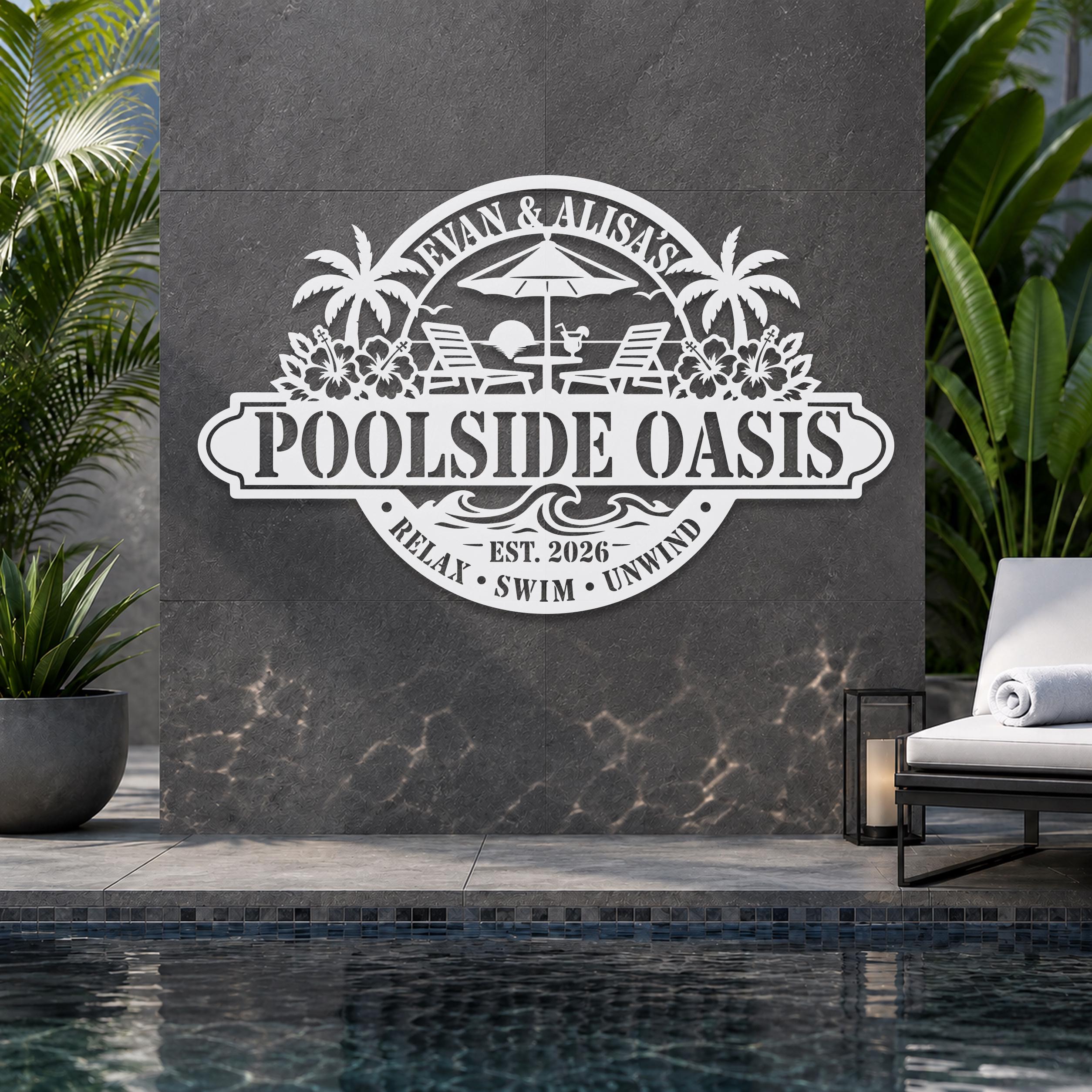 Custom Poolside Oasis Metal Wall Art, Personalized Backyard Pool Sign ...