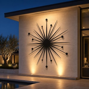 Grande decorazione murale in metallo a forma di stella atomica, arredamento moderno di metà secolo per interni ed esterni, scultura murale retrò dell'era spaziale, regalo di inaugurazione della casa in stile MCM nero