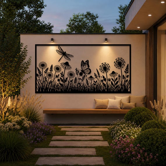 Wildflower Metal Wall Art, Butterfly Garden Wall Decor, Floral Meadow Metal Panel, Dragonfly Flower Wall Art, Large Outdoor Patio Decor