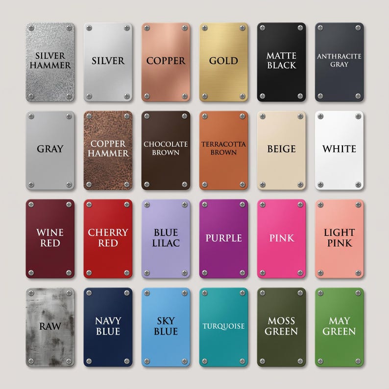 May include: A collection of rectangular metal color swatches, each with a different finish and color. The swatches include colors like silver, copper, gold, black, gray, brown, red, purple, pink, blue, and green. Each swatch has text indicating the color name.