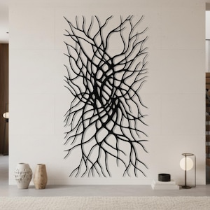 Abstract Tree Roots Metal Wall Art, Modern Organic Wall Decor, Nature Inspired Black Metal Sculpture, Large Minimalist Wall Hanging
