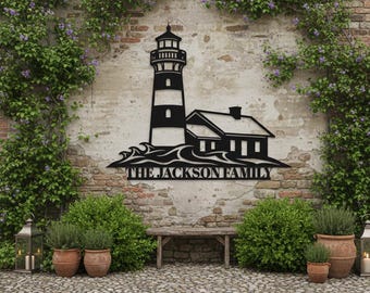 Personalized Lighthouse Metal Wall Art – Coastal Family Name Sign