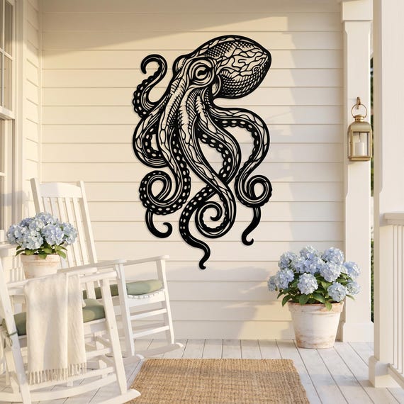 Octopus Metal Wall Art, Coastal Ocean Wall Decor, Victorian Inspired Octopus Art, Nautical Beach House Decor, Bathroom Patio Wall Hanging