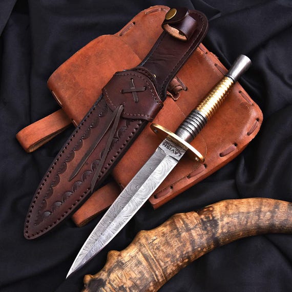 Damascus Athame Dagger Steel Handle & Leather Sheath | Handmade Ritual Knife Christmas Gift for Boyfriend Birthday Gift for Dad Wedding Gift