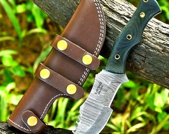 Damascus Bowie Hunting Knife – Green Micarta Handle & Leather Sheath | Handmade Tactical Knife, Gift for Hunter Groomsman Gift Birthday Gift