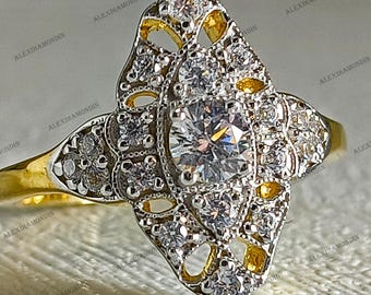 Vintage Round Cut Marquise Halo Engagement Ring, Art Deco Moissanite Ring, Antique Diamond Ring, 925 Sterling Silver Promise Ring