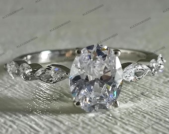 Oval Moissanite Engagement Ring | Marquise Side Stones, Silver Promise Ring