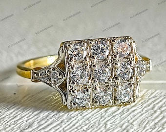 Art Deco Moissanite Cluster Ring | Two Tone Gold Vintage Jewelry