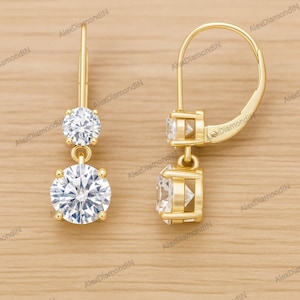 14K Gold Double Round Diamond Dangle Earrings: Minimalist Leverback Earrings