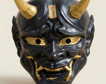 Zwartgouden Japans onimasker – Samurai demon muurdecoratie, gotisch kunstwerk