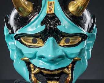 Turkoois Japans onimasker – Hannya-stijl demon-cosplayrekwisiet, muurdecoratie