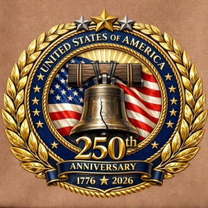 USA 250th Anniversary Liberty Bell PNG 1776-2026 | America 250 Semiquincentennial 3D Metallic Emblem Sublimation Design