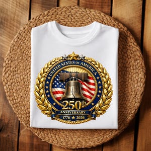USA 250th Anniversary Liberty Bell PNG 1776-2026 | America 250 Semiquincentennial 3D Metallic Emblem Sublimation Design