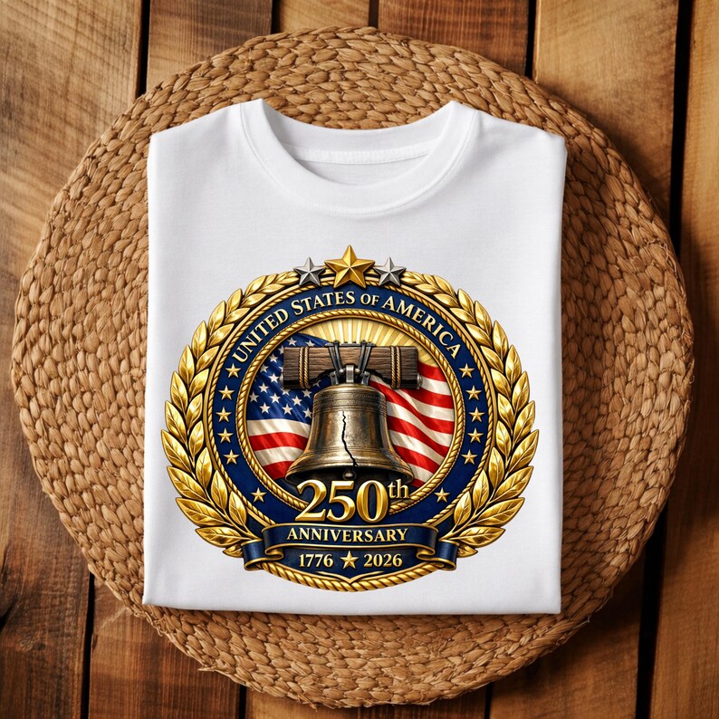 USA 250th Anniversary Liberty Bell PNG 1776-2026 | America 250 Semiquincentennial 3D Metallic Emblem Sublimation Design