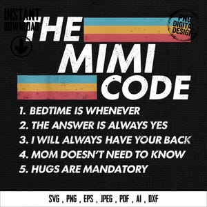 Peut inclure: Conception numérique noire avec le texte "THE MIMI CODE" en blanc, avec des rayures horizontales colorées. Le texte comprend des règles telles que "Bedtime is whenever" et "Hugs are mandatory".