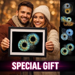 May include: A framed print showing two detailed iris images in blue and gold on a black backdrop, held by a smiling couple. The words "SPECIAL GIFT" are displayed at the bottom of the image.