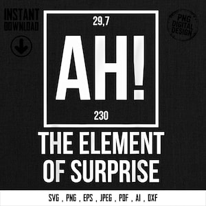 Peut inclure: Visuel numérique noir et blanc avec le mot "AH!" dans un cadre blanc, et "THE ELEMENT OF SURPRISE" en dessous. Inclut les formats de fichiers SVG, PNG, EPS, JPEG, PDF, AI, DXF.