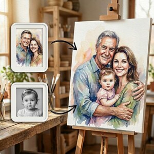 以下が含まれることがあります： イーゼルに飾られた、3人家族の水彩画の肖像画。絵には男性、女性、幼い子供が描かれています。家族の写真が2枚額縁に入って見えます。このアートワークは、柔らかい色と暖かく魅力的な美学が特徴です。