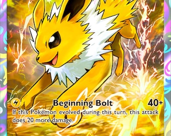 May include: A Jolteon trading card featuring a yellow, fox-like creature with a white spiky collar, surrounded by bright lightning bolts. The card displays the text Jolteon, Stage 1, 90 HP, Beginning Bolt 40+, and includes a small Eevee icon.