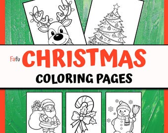 May include: Christmas coloring pages featuring a reindeer with lights, a decorated Christmas tree, Santa Claus with a sack of gifts, a candy cane with a bow, and a snowman with a broom. The text "Christmas Coloring Pages" is displayed in red and black.