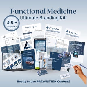 May include: A collection of branding materials for Functional Medicine, including templates, workbooks, and guides. The image features a laptop, tablet, and smartphone, along with printed documents and business cards. Text includes "Functional Medicine" and "Ultimate Branding Kit!"