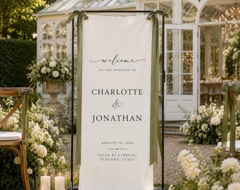 Welkomstbord van linnen op maat voor je bruiloft, gepersonaliseerde stoffen trouwbanner, moderne boho decoratie voor de entree van je trouwceremonie