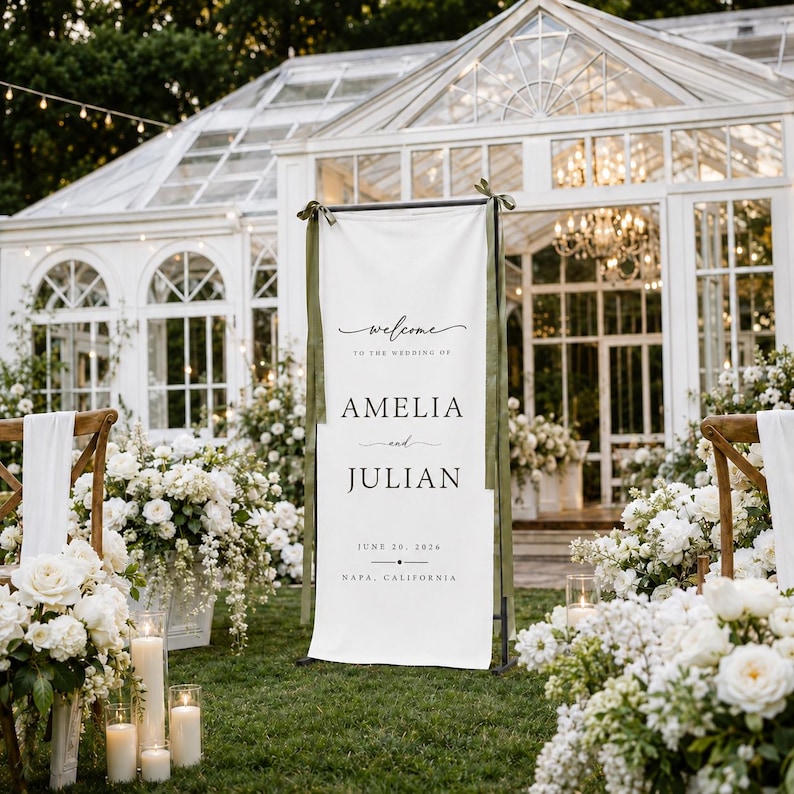 May include: A tall, vertical white wedding welcome sign featuring black text that reads Welcome to the wedding of Amelia and Julian, June 29, 2024, Napa, California. The sign is suspended from a black metal frame with olive green ribbons.