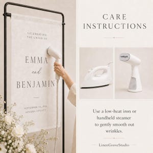 May include: A vertical fabric wedding sign hanging on a black metal stand, featuring the text CELEBRATING THE UNION OF EMMA and BENJAMIN SEPTEMBER 14, 2026 SONOMA COUNTY. A handheld steamer is shown, with care instructions for low-heat ironing.
