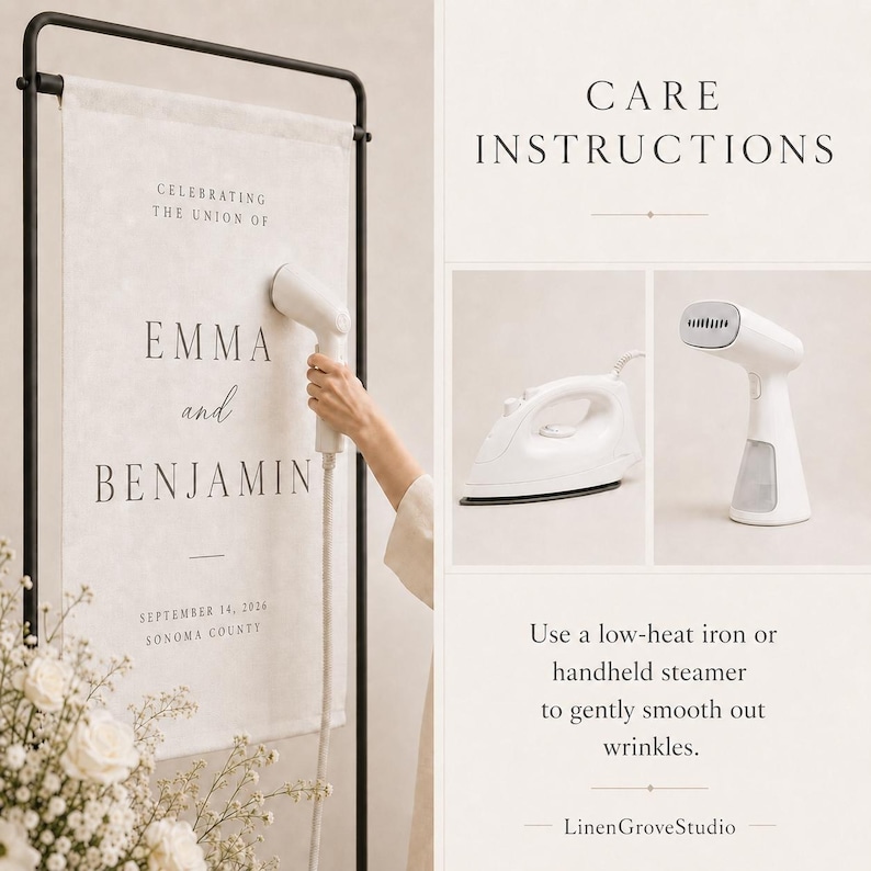 May include: A vertical fabric wedding sign hanging on a black metal stand, featuring the text CELEBRATING THE UNION OF EMMA and BENJAMIN SEPTEMBER 14, 2026 SONOMA COUNTY. A handheld steamer is shown, with care instructions for low-heat ironing.