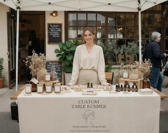 Custom Table Runner with Logo, Personalized Linen Table Banner for Market Booth, Wedding Decor, Small Business Display, Trade  Tablecloth