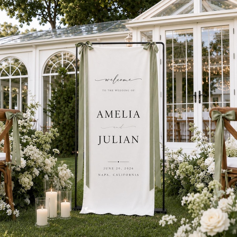 May include: A vertical white wedding welcome sign on a black metal stand, featuring sage green ribbons tied at the top corners. The text reads: Welcome to the wedding of Amelia and Julian, June 20, 2026, Napa, California, in black serif font.