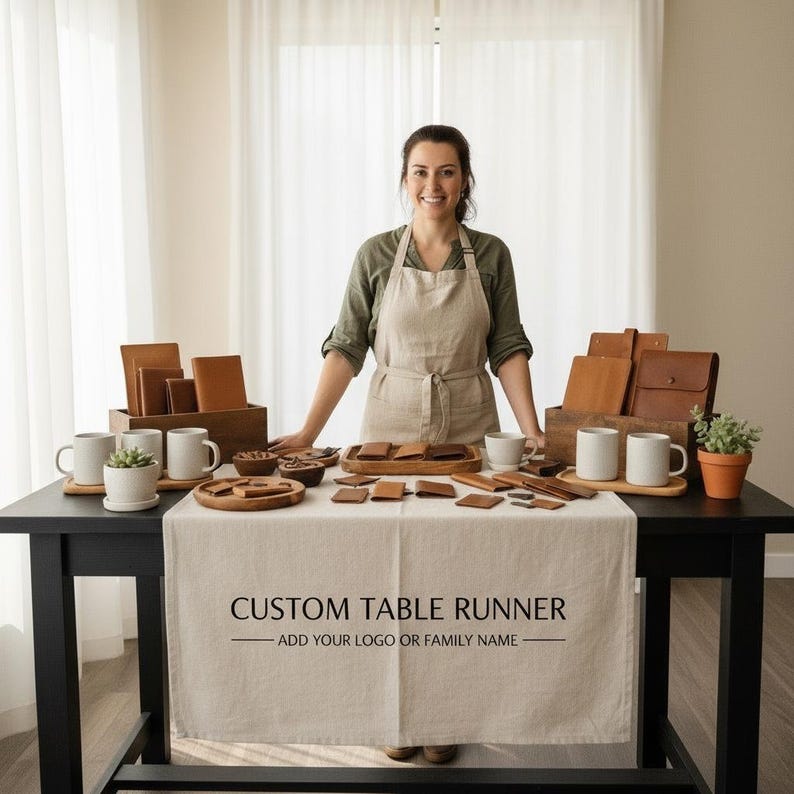 May include: A woman stands behind a table displaying leather goods, mugs, and a table runner. The table runner reads "CUSTOM TABLE RUNNER - ADD YOUR LOGO OR FAMILY NAME". Various brown leather items are arranged on the table.