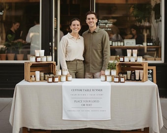 Custom Logo Table Runner | Personalized Fabric Banner for Market Booths | Linen Canvas Tablecloth for Trade Shows & Pop Up Event