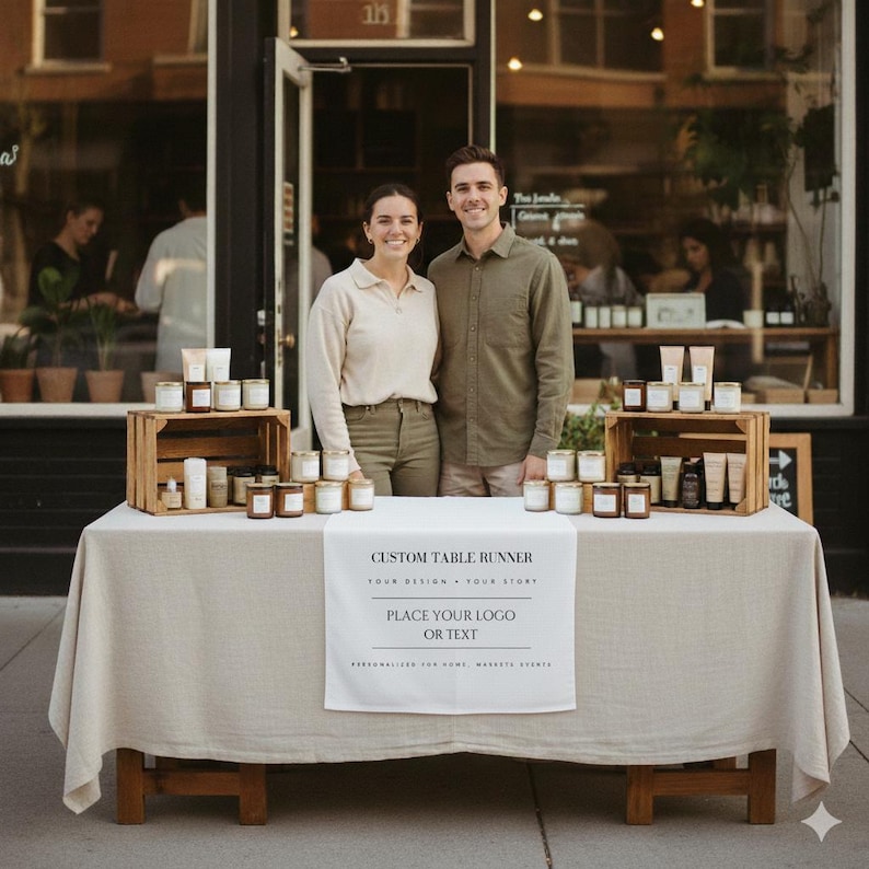 May include: A couple stands behind a table displaying candles and skincare products. The table is covered with a beige cloth and has a banner that reads "CUSTOM TABLE RUNNER". The products are arranged on wooden crates and the table. The background is a storefront.