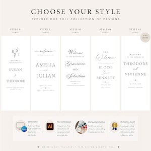 May include: A digital display showcasing five distinct wedding invitation templates labeled Style 01 through Style 05, featuring black serif and script typography on white backgrounds. Below, four circular icons highlight features like Canva editing, customization, full-color printing, and professional quality.