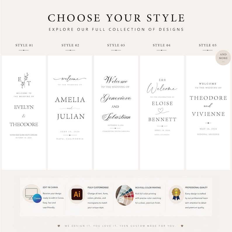 May include: A digital display showcasing five distinct wedding invitation templates labeled Style 01 through Style 05, featuring black serif and script typography on white backgrounds. Below, four circular icons highlight features like Canva editing, customization, full-color printing, and professional quality.