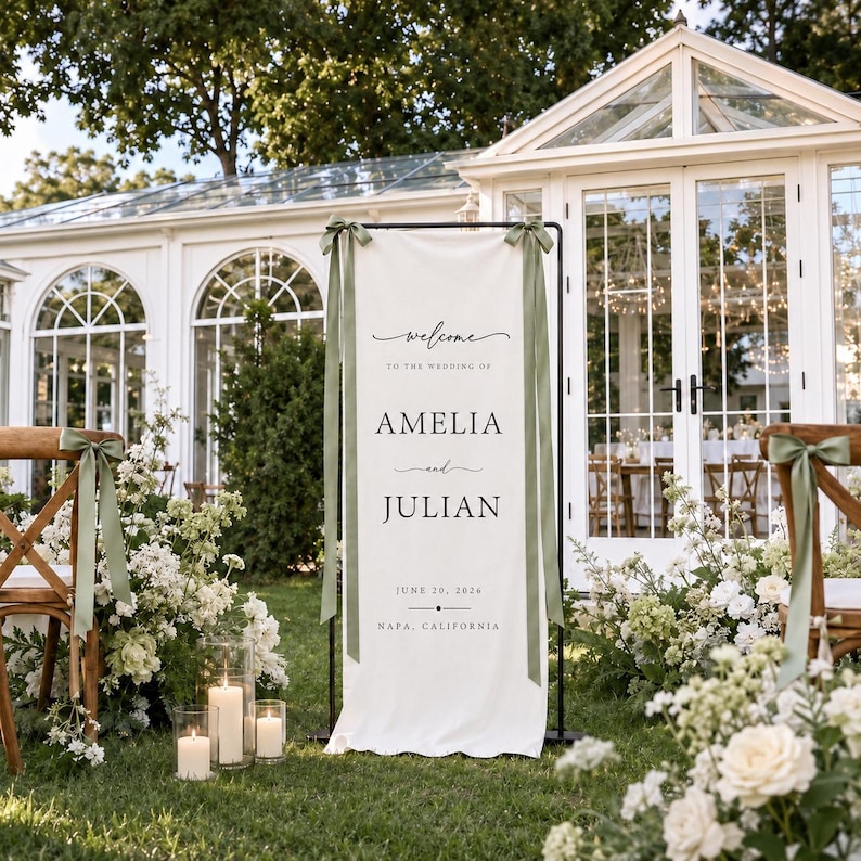 May include: A tall, rectangular off-white fabric wedding welcome sign suspended on a black metal frame. The sign features black text reading "Welcome to the wedding of Amelia and Julian, June 20, 2024, Napa, California" with sage green ribbons.