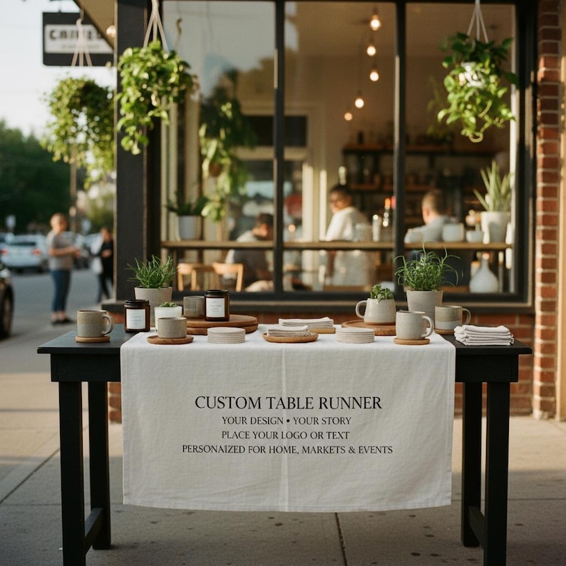May include: A black table displays a white table runner with text: "CUSTOM TABLE RUNNER, YOUR DESIGN &bull; YOUR STORY, PLACE YOUR LOGO OR TEXT, PERSONALIZED FOR HOME, MARKETS & EVENTS." The table is set with mugs, plates, and candles. Green plants hang in the background.