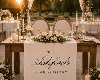Personalized Linen Wedding Table Runner, Custom Name Banner for Sweetheart Table, Elegant Reception Decor