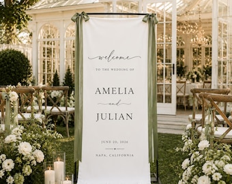 Custom Linen Wedding Welcome Sign, Fabric Wedding Banner, Personalized Ceremony Decor, Modern Wedding Entrance Sign