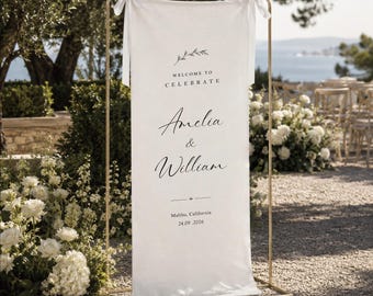 Custom Linen Wedding Welcome Sign, Personalized Fabric Wedding Banner with Names & Date, Ceremony Signage Decor