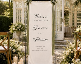 Personalized Fabric Wedding Welcome Sign, Custom Linen Wedding Banner, Modern Ceremony Entrance Decor, Wedding Name Date Sign